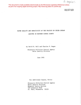 Water Quality and Sensitivity of the Prairie Du Chien-Jordan Aquifer in Western Winona County