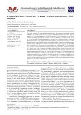 A Pragmatic Data Based Evaluation of CLT in the EFL Curricula at Higher Secondary Level in Bangladesh