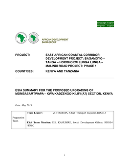 Tanga – Horohoro/ Lunga Lunga – Malindi Road Project: Phase 1 Countries: Kenya and Tanzania