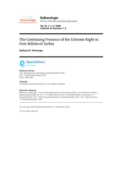 Balkanologie, Vol. XI, N° 1-2 | 2008 the Continuing Presence of the Extreme Right in Post-Milošević Serbia 2