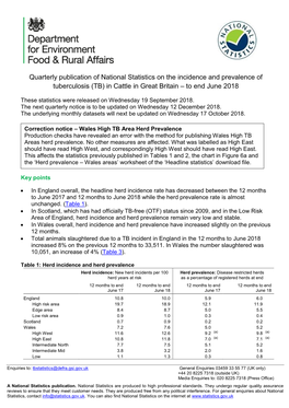 Quarterly Publication of National Statistics on the Incidence and Prevalence of Tuberculosis (TB) in Cattle in Great Britain – to End June 2018