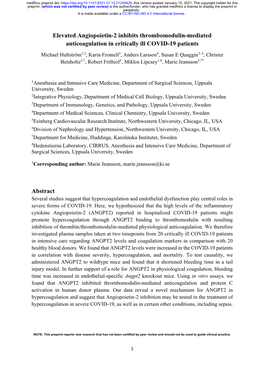 Elevated Angiopoietin-2 Inhibits Thrombomodulin-Mediated Anticoagulation in Critically Ill COVID-19 Patients