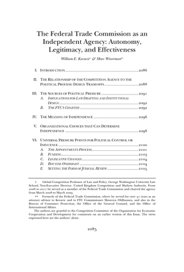 The Federal Trade Commission As an Independent Agency: Autonomy, Legitimacy, and Effectiveness