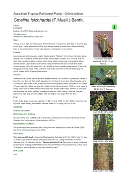Gmelina Leichhardtii (F.Muell.) Benth. Family: Lamiaceae Bentham, G