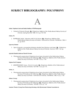 Subject Bibliography: Polyphony