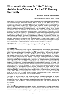 What Would Vitruvius Do? Re-Thinking Architecture Education for the 21St Century University Winifred E Newman, Shahin Vassigh