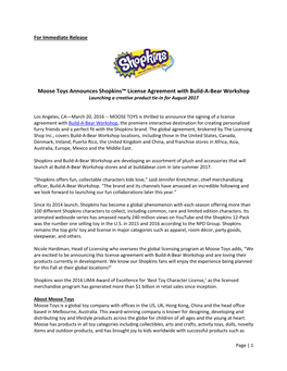 Moose Toys Announces Shopkins™ License Agreement with Build-A-Bear Workshop Launching a Creative Product Tie-In for August 2017