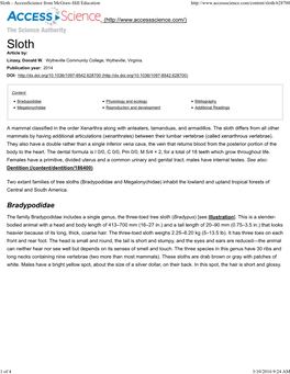 Bradypodidae Physiology and Ecology Bibliography Megalonychidae Reproduction and Development Additional Readings