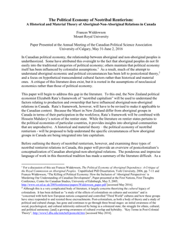 The Political Economy of Neotribal Rentierism: a Historical and Material Theory of Aboriginal-Non-Aboriginal Relations in Canada