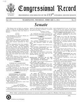 Congressional Record United States Th of America PROCEEDINGS and DEBATES of the 113 CONGRESS, SECOND SESSION