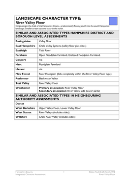 LANDSCAPE CHARACTER TYPE: River Valley Floor Originating in the Chalk of the Hampshire Downs- Predominantly Flowing South Into the South Hampshire Landscape