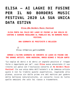 Elisa – Ai Laghi Di Fusine Per Il No Borders Music Festival 2020 La Sua Unica Data Estiva