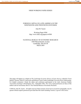 Nber Working Paper Series Foreign Capital in Latin