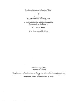 Practices of Resistance in Zapatista Politics Roman Joerger B.A., Mount