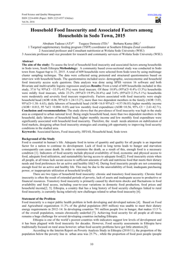 Household Food Insecurity and Associated Factors Among Households in Sodo Town, 2015