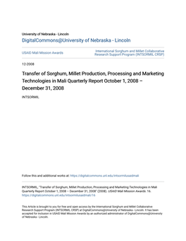 Transfer of Sorghum, Millet Production, Processing and Marketing Technologies in Mali Quarterly Report October 1, 2008 – December 31, 2008