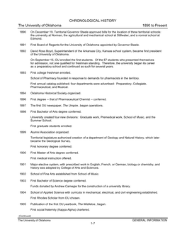 CHRONOLOGICAL HISTORY the University of Oklahoma 1890 to Present