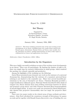 Mathematisches Forschungsinstitut Oberwolfach Set Theory