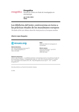 Controversias En Torno a Las Prácticas Rituales De Los Musulmanes Europeos the Faults of the Text: Debates About the Ritual Practices of European Muslims