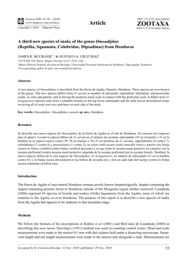 A Third New Species of Snake of the Genus Omoadiphas (Reptilia, Squamata, Colubridae, Dipsadinae) from Honduras