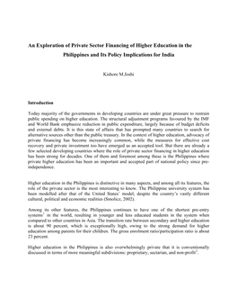 An Exploration of Private Sector Financing of Higher Education in the Philippines and Its Policy Implications for India