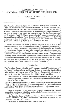 Supremacy ®F the Canadian Charter ®F Rights and Freedoms