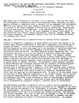 •The History Andjdtsfcribution of the Indigenous Languages of Bolivia^ Mary Ritchie Key University of California at Irvine