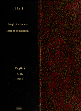 Joseph Warton As a Critic of Romanticism