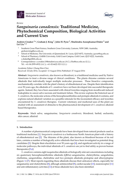 Sanguinaria Canadensis: Traditional Medicine, Phytochemical Composition, Biological Activities and Current Uses