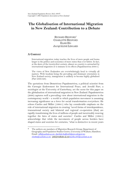 The Globalisation of International Migration in New Zealand: Contribution to a Debate