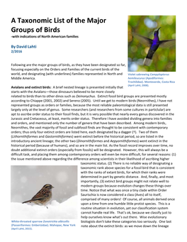 A Taxonomic List of the Major Groups of Birds -With Indications of North American Families