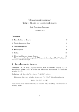 Ultracategories Seminar Talk 1: Sheafs on Topological Spaces