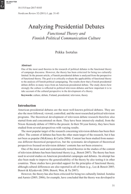 Analyzing Presidential Debates Functional Theory and Finnish Political Communication Culture