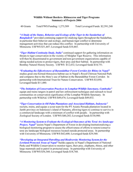 Rhinoceros and Tiger Programs Summary of Projects 2004 40 Grants Total FWS Funding