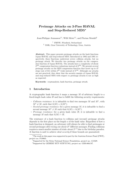 Preimage Attacks on 3-Pass HAVAL and Step-Reduced MD5∗