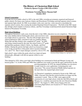 The History of Chesterton High School Written by Spencer Gordon (CHS Class of 2013) and Westchester Township History Museum Staff October 2014