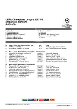 UEFA Champions League 2007/08 STATISTICHE GIORNATA GIORNATA 6