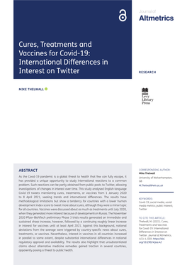 Cures, Treatments and Vaccines for Covid-19: International Differences In