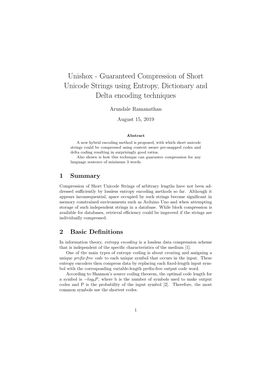 Guaranteed Compression of Short Unicode Strings Using Entropy, Dictionary and Delta Encoding Techniques