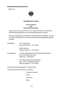 Bverfg, Beschluss Des Zweiten Senats Vom 2. Juli 2019 - 2 Bve 4/19 - Rn