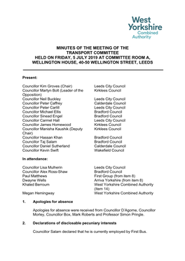 Minutes of the Meeting of the Transport Committee Held on Friday, 5 July 2019 at Committee Room A, Wellington House, 40-50 Wellington Street, Leeds