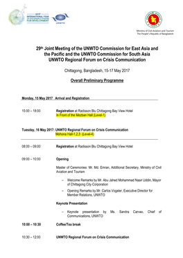 29Th Joint Meeting of the UNWTO Commission for East Asia and the Pacific and the UNWTO Commission for South Asia UNWTO Regional Forum on Crisis Communication