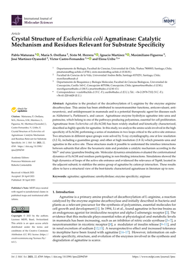 Crystal Structure of Escherichia Coli Agmatinase: Catalytic Mechanism and Residues Relevant for Substrate Speciﬁcity