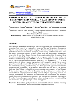 Geological and Geotechnical Investigation of Road Failures in Nigeria: a Case Study of Parts of Imo- Abia States, Southeastern Nigeria