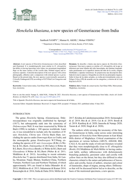 Henckelia Khasiana, a New Species of Gesneriaceae from India