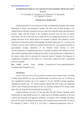 Extended Hysterectomy (С1 Nerve-Sparing Dissection) in Patients with Invasive Cancer of Cervix V.S