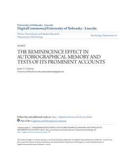 THE REMINISCENCE EFFECT in AUTOBIOGRAPHICAL MEMORY and TESTS of ITS PROMINENT ACCOUNTS Justin T