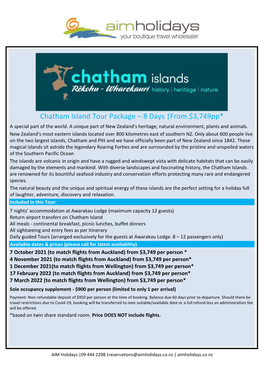 Chatham Island Tour Package – 8 Days |From $3,749Pp*