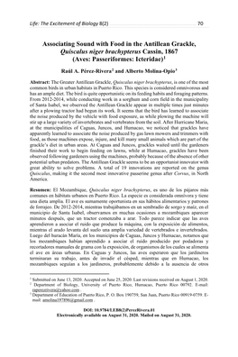 Associating Sound with Food in the Antillean Grackle, Quiscalus Niger Brachypterus Cassin, 1867 (Aves: Passeriformes: Icteridae)1