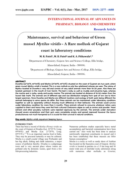 Maintenance, Survival and Behaviour of Green Mussel Mytilus